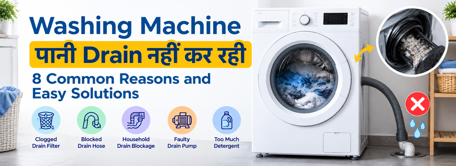 Washing machine not draining water due to clogged filter and hose
