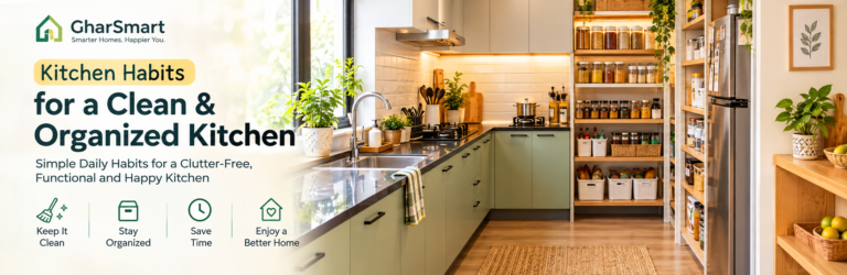 Clean and organized Indian kitchen with neatly arranged storage containers