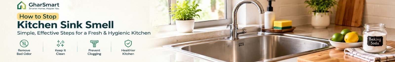 Clean kitchen sink with fresh and organized drain area